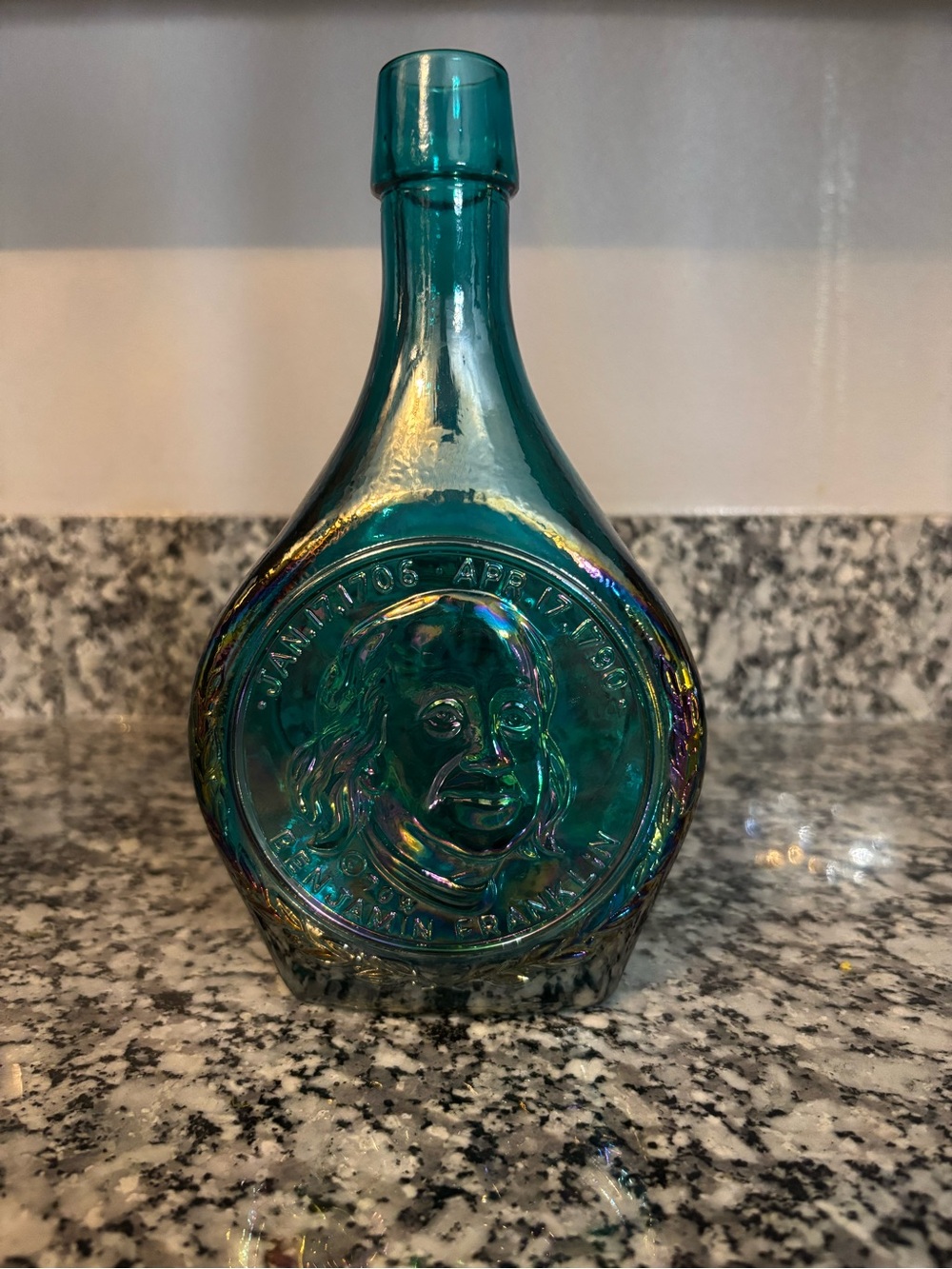 Carnival Glass Iridescent Teal Glass Decorative Bottle with Embossed Portrait